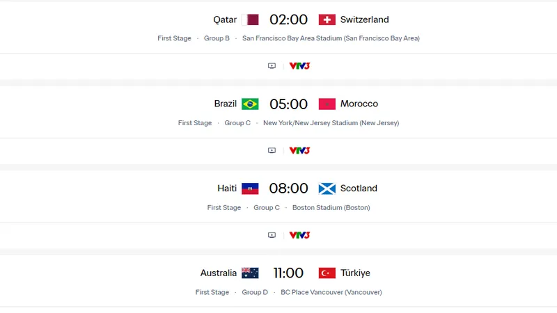 Lịch thi đấu World Cup 2026, ngày 14-6