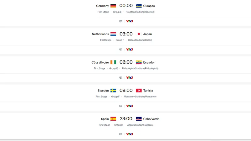 Lịch thi đấu Word Cup 2026 ngày 15-6
