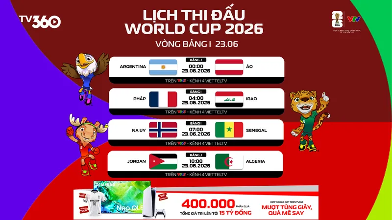 Lịch thi đấu ngày 23-6 World Cup 2026