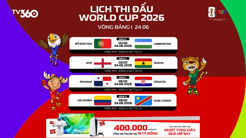 Lịch thi đấu ngày 24-6 World Cup 2026