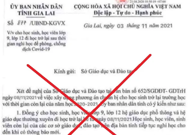 Học sinh lớp 9 và 12 ở Gia Lai đi học trở lại từ ngày 8-11 là tin giả