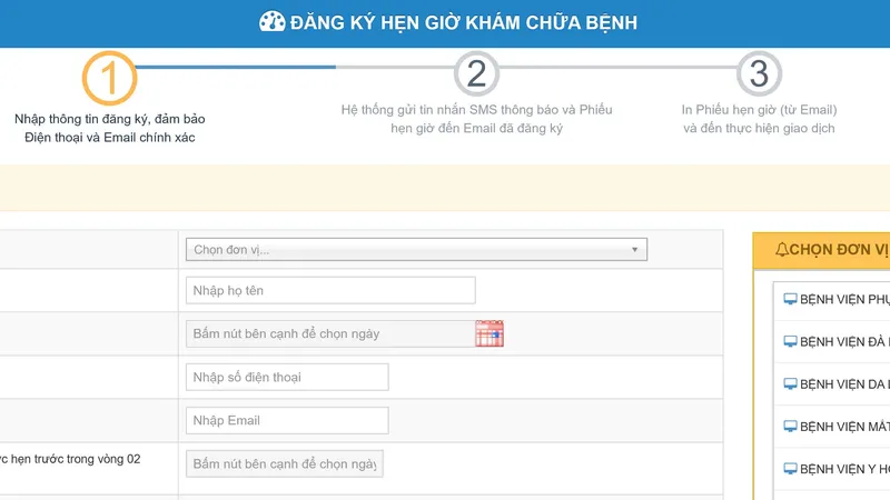 Trang website đăng kí hẹn giờ khám chữa bệnh
