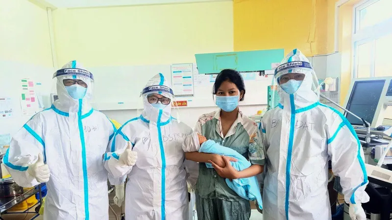 Chị M. lưu giữ tấm hình kỷ niệm với đội ngũ bác sĩ cứu sống chị cùng con trai. Ảnh: Bệnh viện dã chiến Hòa Vang