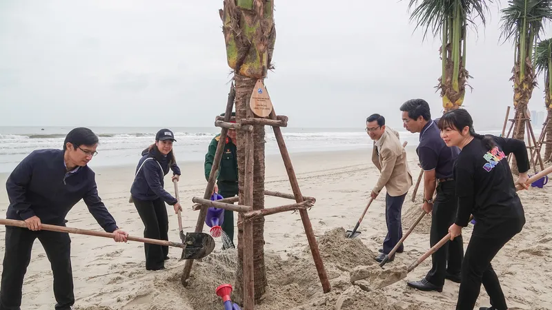 Lãnh đạo UBND TP Đà Nẵng, Sở Du lịch TP Đà Nẵng cùng các đơn vị trồng dừa ngay sau buổi lễ. Ảnh: XUÂN QUỲNH