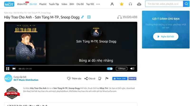 Hãy trao cho anh của Sơn Tùng M-TP trên trang nghe nhạc trực tuyến Nhaccuatui là một điểm sáng kinh doanh nhạc số