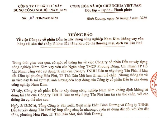 Công ty Nam Kim nói gì về việc thế chấp khu đất 43ha khu đô thị thương mại, dịch vụ Tân Phú?