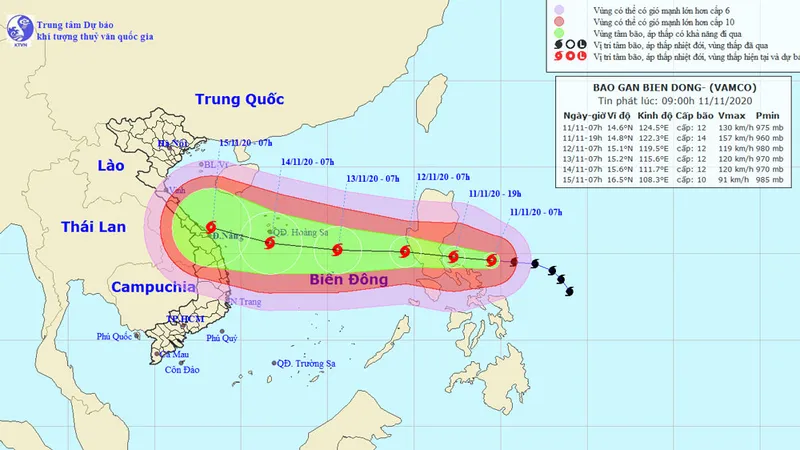 Đường đi của bão Vamco trên Biển Đông. Ảnh theo Trung tâm khí tượng thủy văn quốc gia