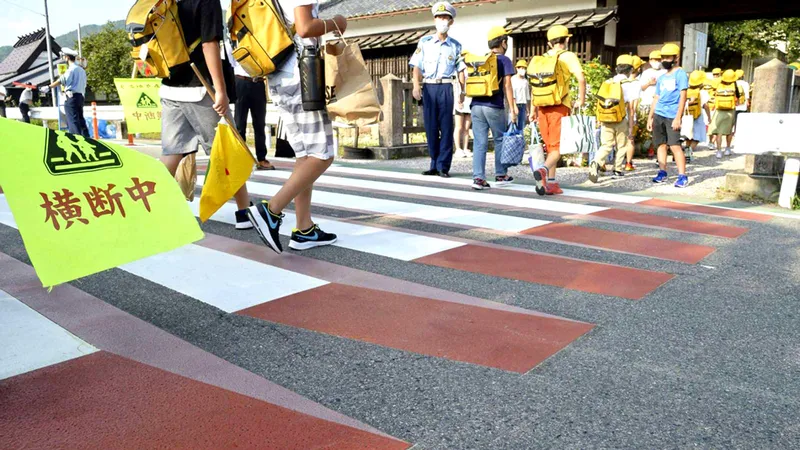 Lối đi bộ 3D được thực hiện trước Trường Tiểu học Chiyokawa ở Kameoka, Kyoto