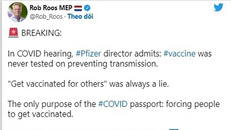 Dòng tweet gây bão mạng của ông Robe Roos về vaccine Covid-19