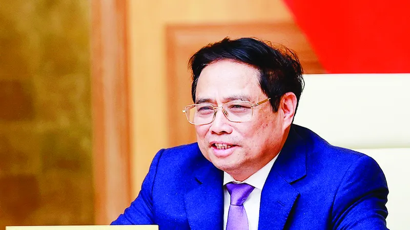 Thủ tướng Phạm Minh Chính phát biểu tại buổi tiếp đoàn doanh nghiệp Hội đồng Kinh doanh EU-ASEAN và EuroCham Việt Nam. Ảnh: TTXVN