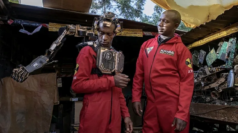 David Gathu (trái) và Moses Kiuna đang thử nghiệm cánh tay robot sinh học