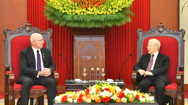 Tổng Bí thư Nguyễn Phú Trọng tiếp Toàn quyền Australia David Hurley thăm cấp Nhà nước Việt Nam, chiều 4-4. Ảnh: VIẾT CHUNG