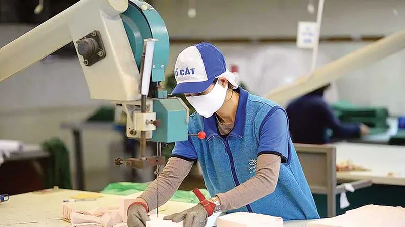 Cắt khẩu trang bằng máy tại một nhà máy thuộc hệ thống của Tập đoàn Dệt may Việt Nam (Vinatex)
