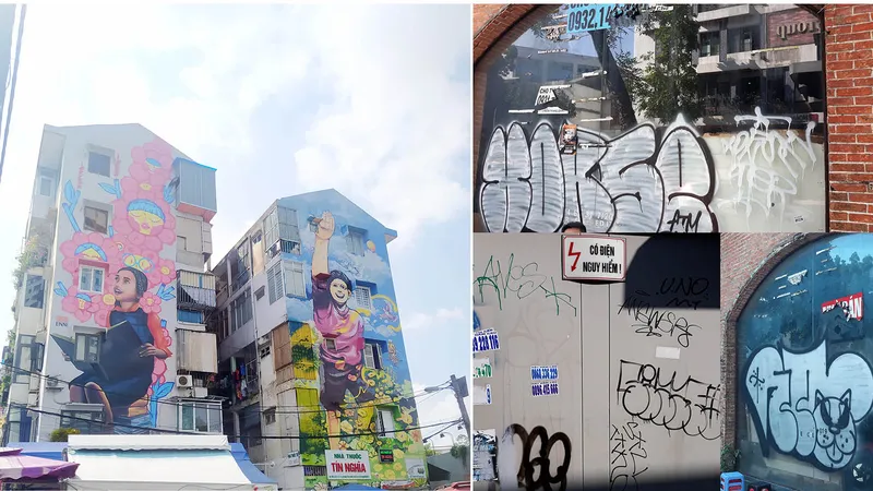 Hãy làm đẹp thành phố với những bức bích họa (bên trái), thay vì hình vẽ graffiti cẩu thả (bên phải)