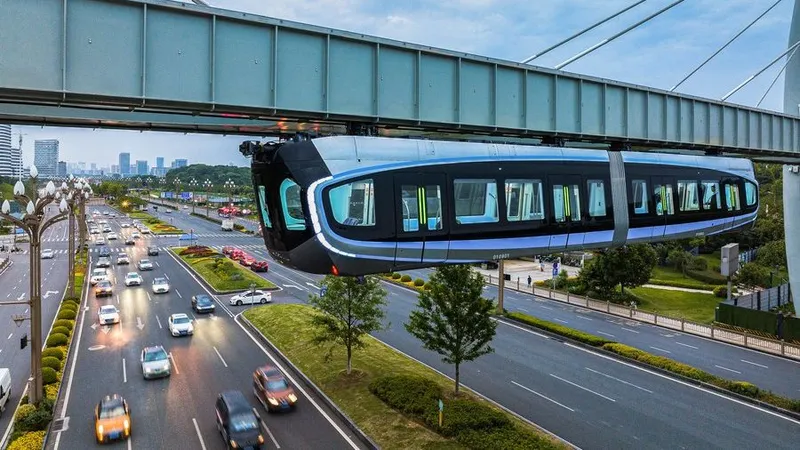 Tàu điện treo ngược. Ảnh: China Daily