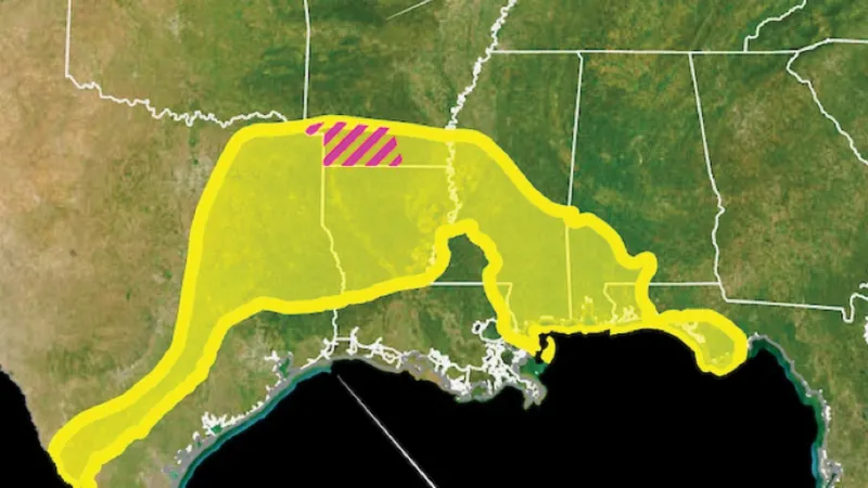 Vùng lấy mẫu thăm dò (sọc đỏ) bên dưới vùng biển cổ đại bang Arkansas nước Mỹ. Ảnh: USGS