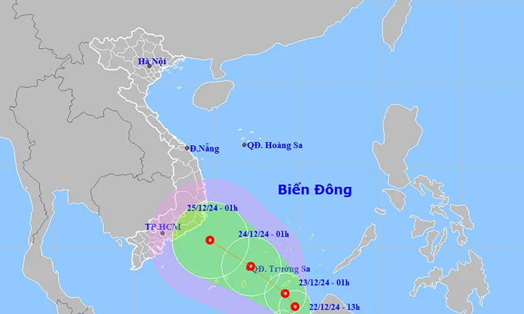 Vị trí và đường đi của áp thấp nhiệt đới. Ảnh: NCHMF