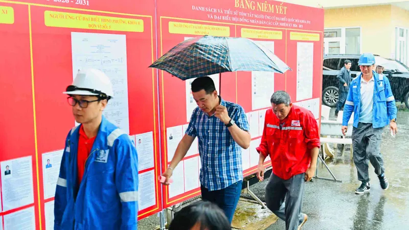 Cử tri đi bỏ phiếu trong thời tiết mưa nặng hạt tại khu vực bỏ phiếu số 1 ở Hội trường Hải đoàn 129 (phường Phước Thắng) vào sáng 26-2. Ảnh: VIỆT DŨNG