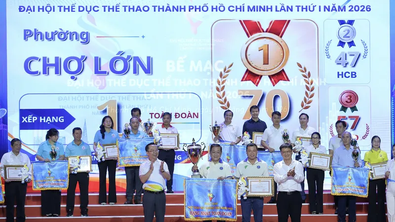 Đơn vị phường Chợ Lớn đứng nhất bảng tổng sắp huy chương Đại hội TDTT TPHCM 2026. Ảnh: DŨNG PHƯƠNG 