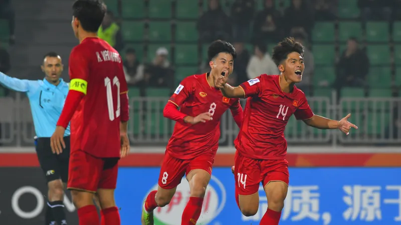 U20 Việt Nam vỡ òa cảm xúc khi đánh bại U20 Qatar. Ảnh: AFC