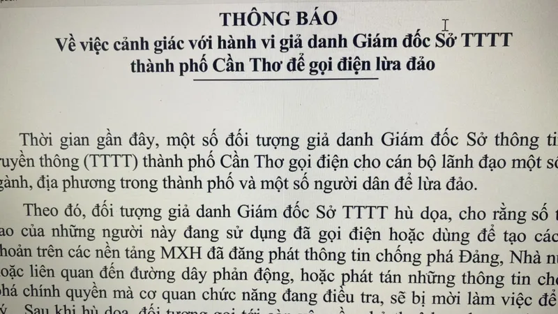  Cảnh giác với hành vi giả danh Giám đốc Sở TT-TT TP Cần Thơ để gọi điện lừa đảo