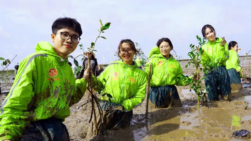 Sinh viên Trường đại học Cần Thơ tham gia trồng cây tại thị xã Vĩnh Châu, tỉnh Sóc Trăng