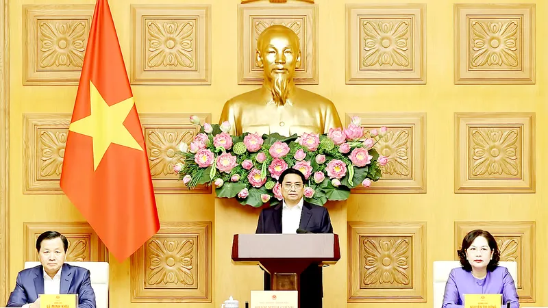 Thủ tướng Phạm Minh Chính phát biểu tại buổi gặp mặt. Ảnh: VIẾT CHUNG