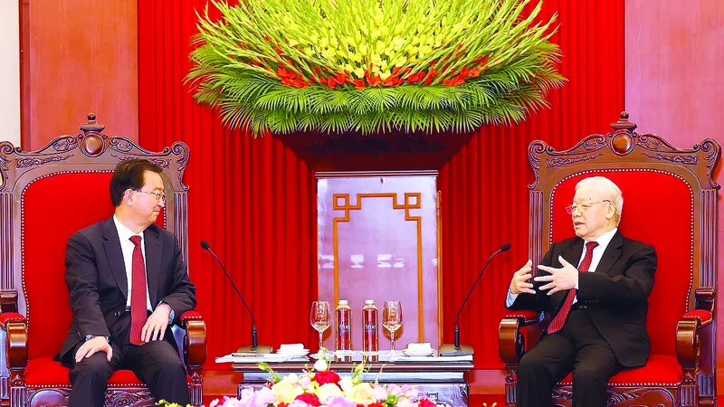 Tổng Bí thư Nguyễn Phú Trọng tiếp đồng chí Vương Ninh, Bí thư Tỉnh ủy Vân Nam, Trung Quốc. Ảnh: TTXVN