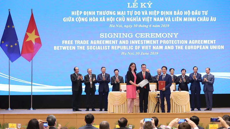 Lễ ký Hiệp định Thương mại tự do Việt Nam - EU (EVFTA), ngày 30-6-2019. Ảnh: QUANG PHÚC