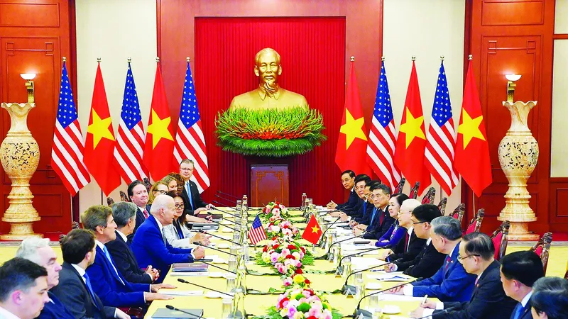 Tổng Bí thư Nguyễn Phú Trọng hội đàm với Tổng thống Joe Biden. Ảnh: VIẾT CHUNG