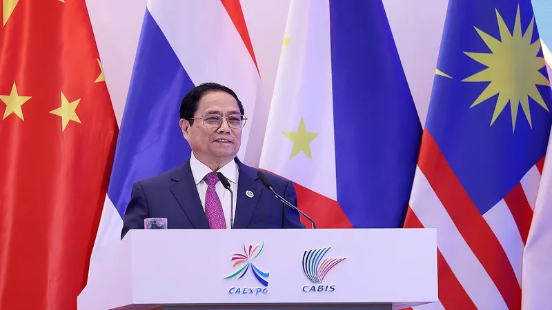Thủ tướng Phạm Minh Chính phát biểu tại lễ khai mạc Hội chợ Trung Quốc - ASEAN và Hội nghị thượng đỉnh Thương mại - Đầu tư Trung Quốc - ASEAN lần thứ 20. Ảnh: TTXVN
