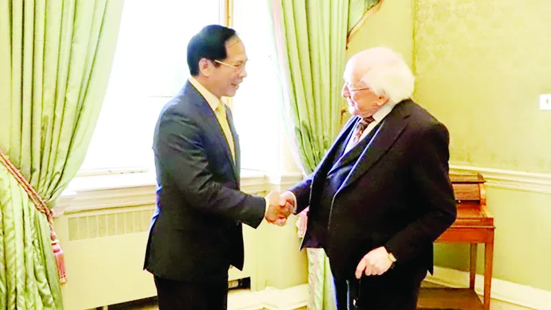 Bộ trưởng Bộ Ngoại giao Bùi Thanh Sơn tiếp kiến Tổng thống Ireland Michael D. Higgins trong chuyến thăm chính thức tới Ireland ngày 28-2-2024. Ảnh: Báo điện tử Đảng Cộng sản Việt Nam
