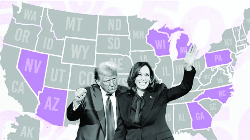 Ứng viên đảng Cộng hòa Donald Trump và ứng viên đảng Dân chủ Kamala Harris có tỷ lệ ủng hộ sít sao tại 7 bang chiến trường (màu tím). Ảnh: RNZ