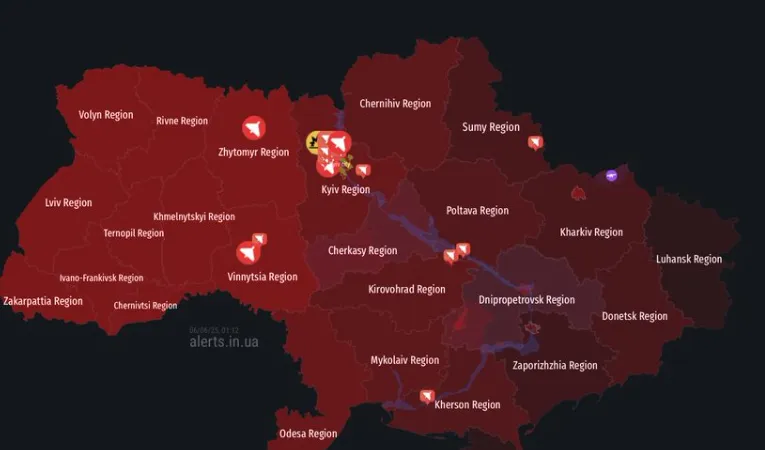 Bản đồ cảnh báo không kích ở Ukraine lúc 1 giờ 12 phút sáng 6-6. Ảnh: X/TTXVN