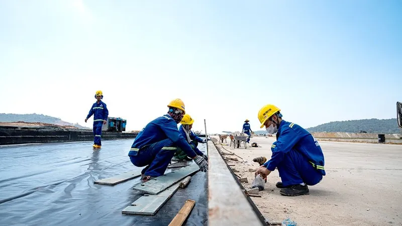 Công nhân thi công đường cất hạ cánh số 2 của dự án mở rộng Cảng hàng không quốc tế Phú Quốc