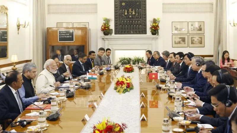 Tổng Bí thư, Chủ tịch nước Tô Lâm hội đàm với Thủ tướng Ấn Độ Narendra Modi. Ảnh: TTXVN