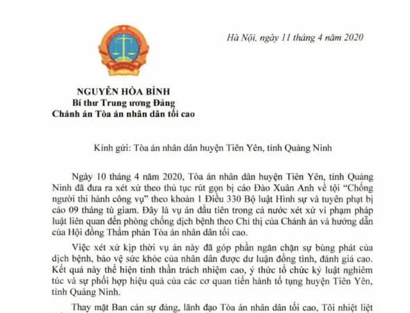 Chánh án TAND Tối cao gửi thư khen tòa xử vụ đầu tiên liên quan Covid-19