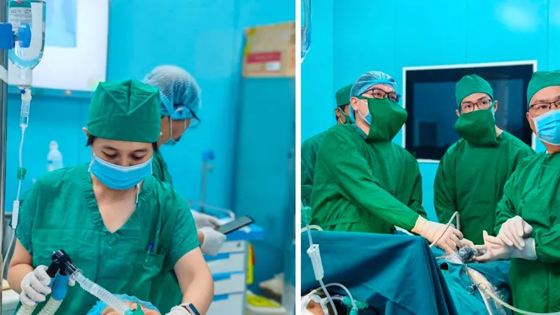 BS.CKI Nguyễn Thị Thanh Trúc (BV Bình Dân) trực tiếp gây mê, BS.CKII Vũ Khương An (BV Bình Dân) phẫu thuật viên chính cùng với ê- kíp y, bác sĩ của Trung tâm Y tế Quân dân Y Côn Đảo phẫu thuật nội soi cho người bệnh