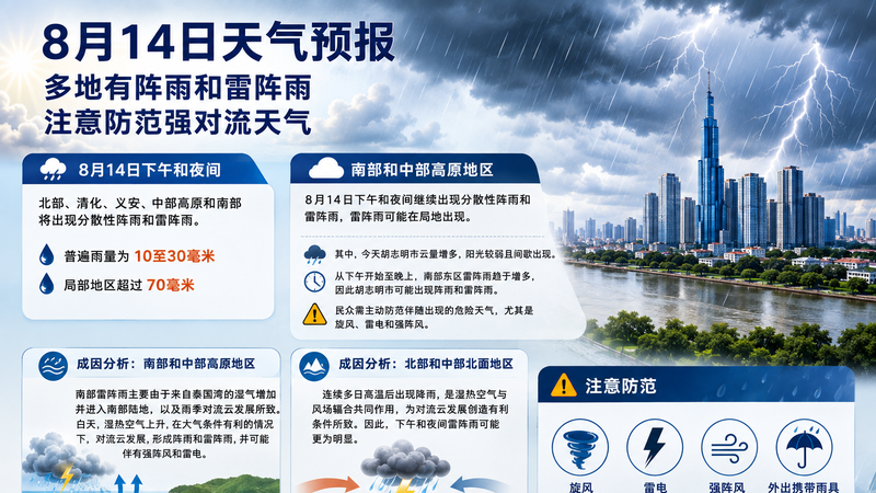 8月14日下午和夜间北部与南部雷阵雨增多