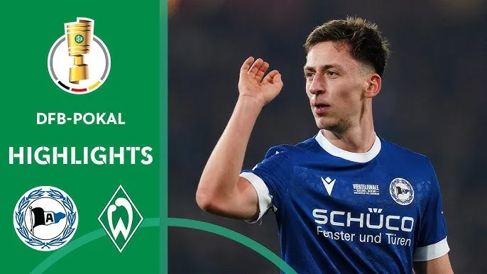 Arminia Bielefeld vs Werder Bremen 2-1: Marius Worl tung cú sút chéo góc đẳng cấp mở bàn, Julian Malatini bất ngờ phản lưới nhà, Oliver Burke ghi bàn, Bielefeld giành vé bán kết DFB Cup