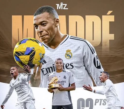 31 bàn thắng cho Real Madrid của ngôi sao Kylian Mbappe ở đấu trường La Liga, xứng đáng Pichichi, hơn Lewandowski 4 bàn, giành European Golden Shoe 2024/25