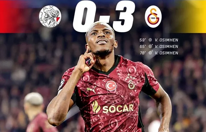 Ajax vs Galatasaray 0-3: Ngày của Victor Osimhen tỏa sáng bằng cú hattrick nhờ cú đúp penalty, Galatasaray giành gọn chiến thắng