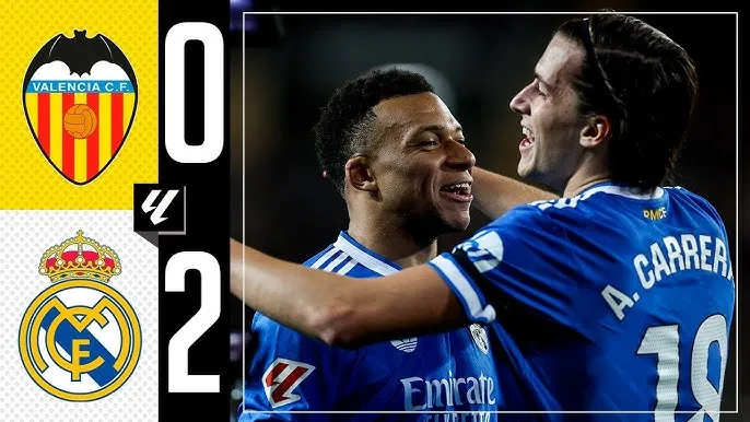 Valencia vs Real Madrid 0-2: Hiệp 2 quyết định, Carreras tỏa sáng, Mbappe chốt hạ chiến thắng, Real còn thua Barca 1 điểm trên BXH La Liga