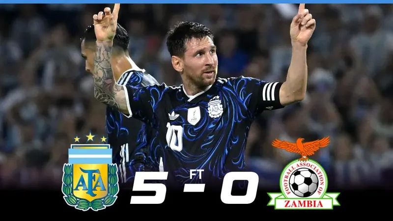 Giao hữu, Argentina vs Zambia 5-0: Alvarez mở bàn, sao Messi tỏa sáng, Otamendi, Barco góp công chiến thắng, Chanda phản lưới nhà 
