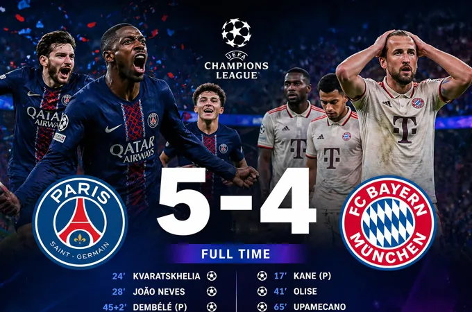 PSG vs Bayern Munich 5-4: Kvaratskhelia, Neves, Dembele xuất thần tỏa sáng, Harry Kane, Olise.Upamecano, Diaz lập công, hấp dẫn lượt về