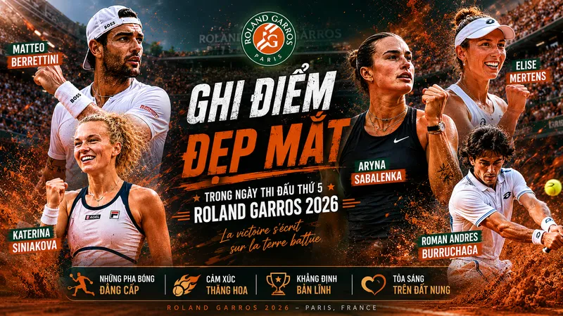 Berrettini, Siniakova, Mertens, Sabalenka, Burruchaga,... ghi điểm đẹp mắt trong ngày thi đấu thứ 5 Roland Garros 2026