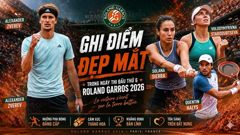 Alexander Zverev, Quentin Halys, Volodymyrivna Starodubtseva, Solana Sierra,... vào tốp ghi điểm đẹp mắt ngày thi đấu thứ 6 Roland Garros