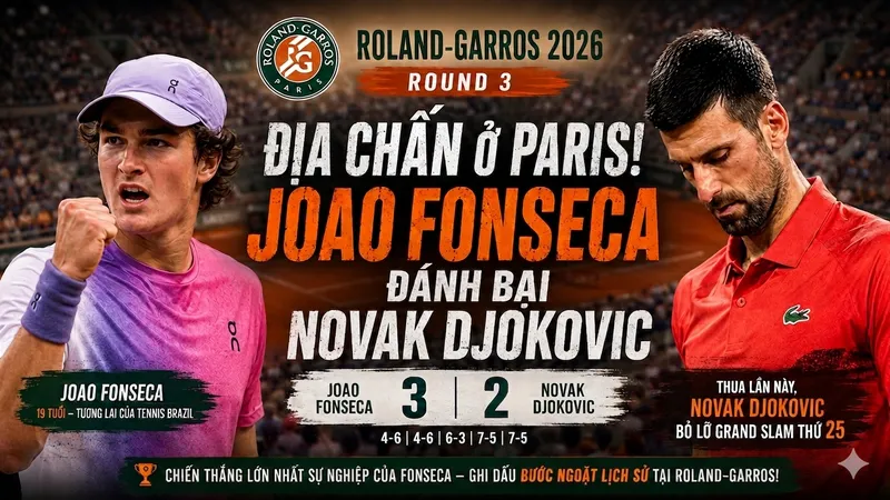 Joao Fonseca vs Novak Djokovic 4-6, 4-6, 6-3, 7-5, 7-5: Djokovic vỡ mộng Grand Slam thứ 25, Fonseca gặp Casper Ruud hoặc Tommy Paul ở tứ kết Roland Garros