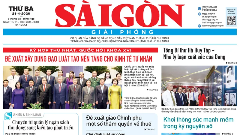 Báo Sài Gòn Giải Phóng ngày 21/4/2026