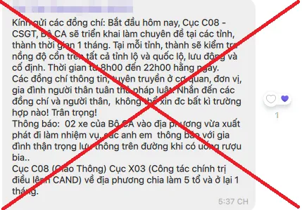Thông báo trên mạng "Cục CSGT Bộ Công an kiểm tra nồng độ cồn trong 1 tháng ở các tỉnh thành" là tin giả